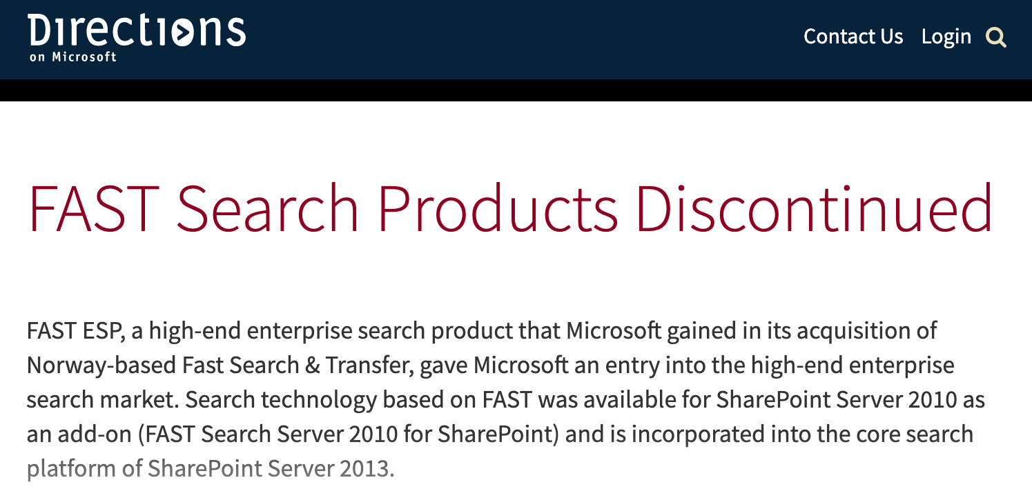 Microsoft FAST Search Platform Retirement Article (2013)